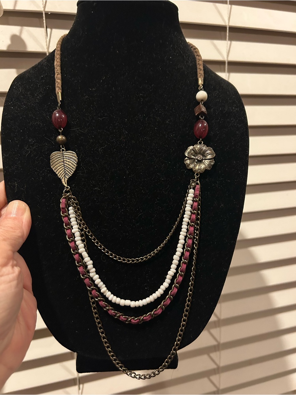 Boho Multi-Strand Floral & Leaf Necklace in Burgundy and White